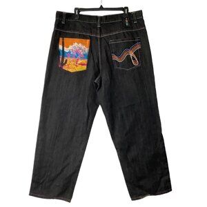Risk Embroidered Western Desert Cactus Camel Wide Denim Jeans Men 40 x 32 Black